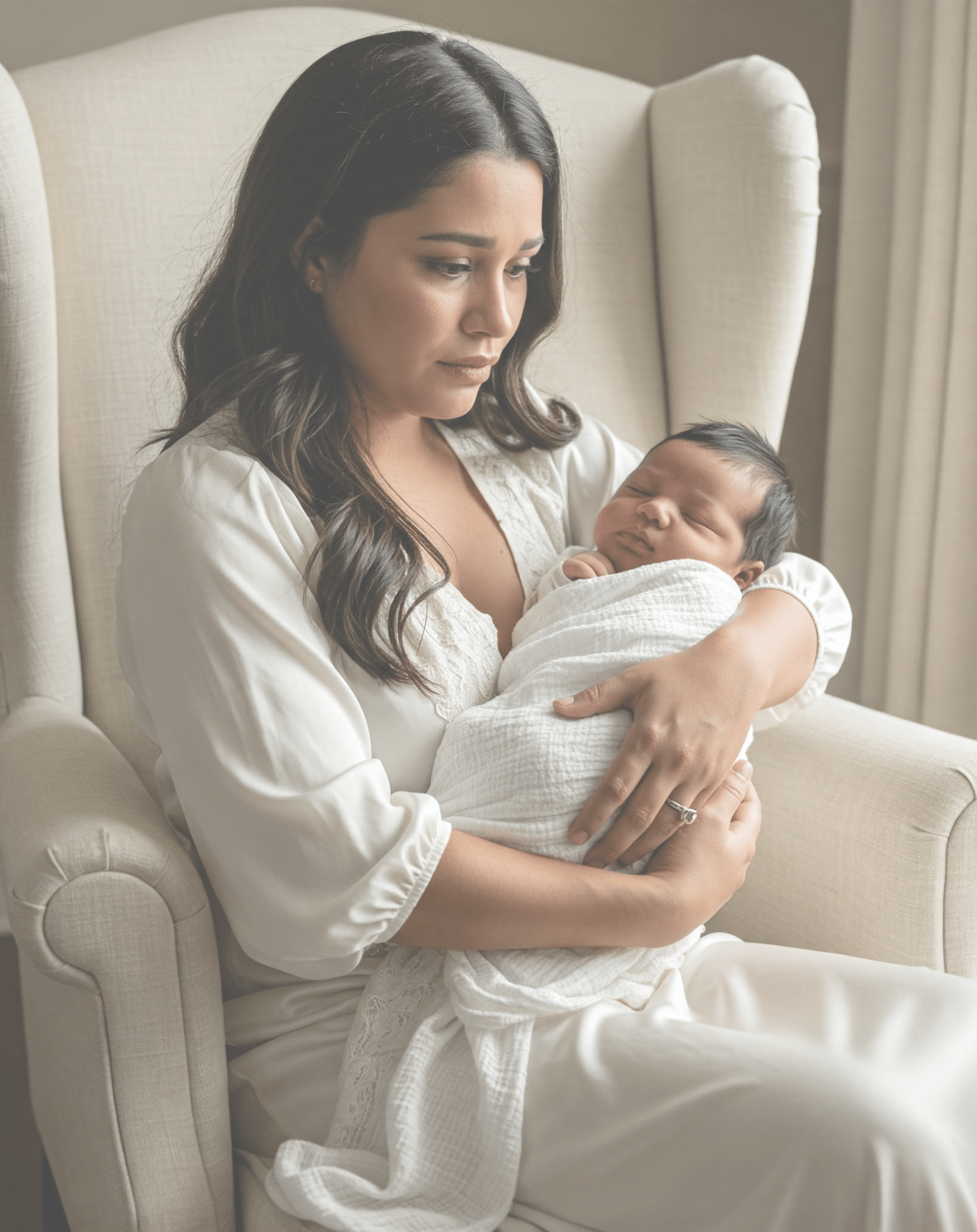 theRUE Postnatal postnatal Featured Image Blog (15) Postpartum Emotional Wellness Tips for a sad mom holding her baby