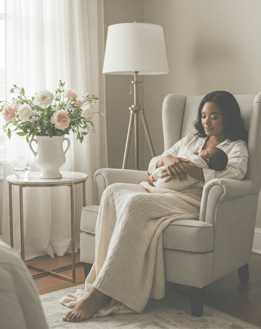 A Sanctuary of Peace and Tranquility theRUE Postnatal postnatal Postpartum Recovery Mom in Chair Holding Her Baby